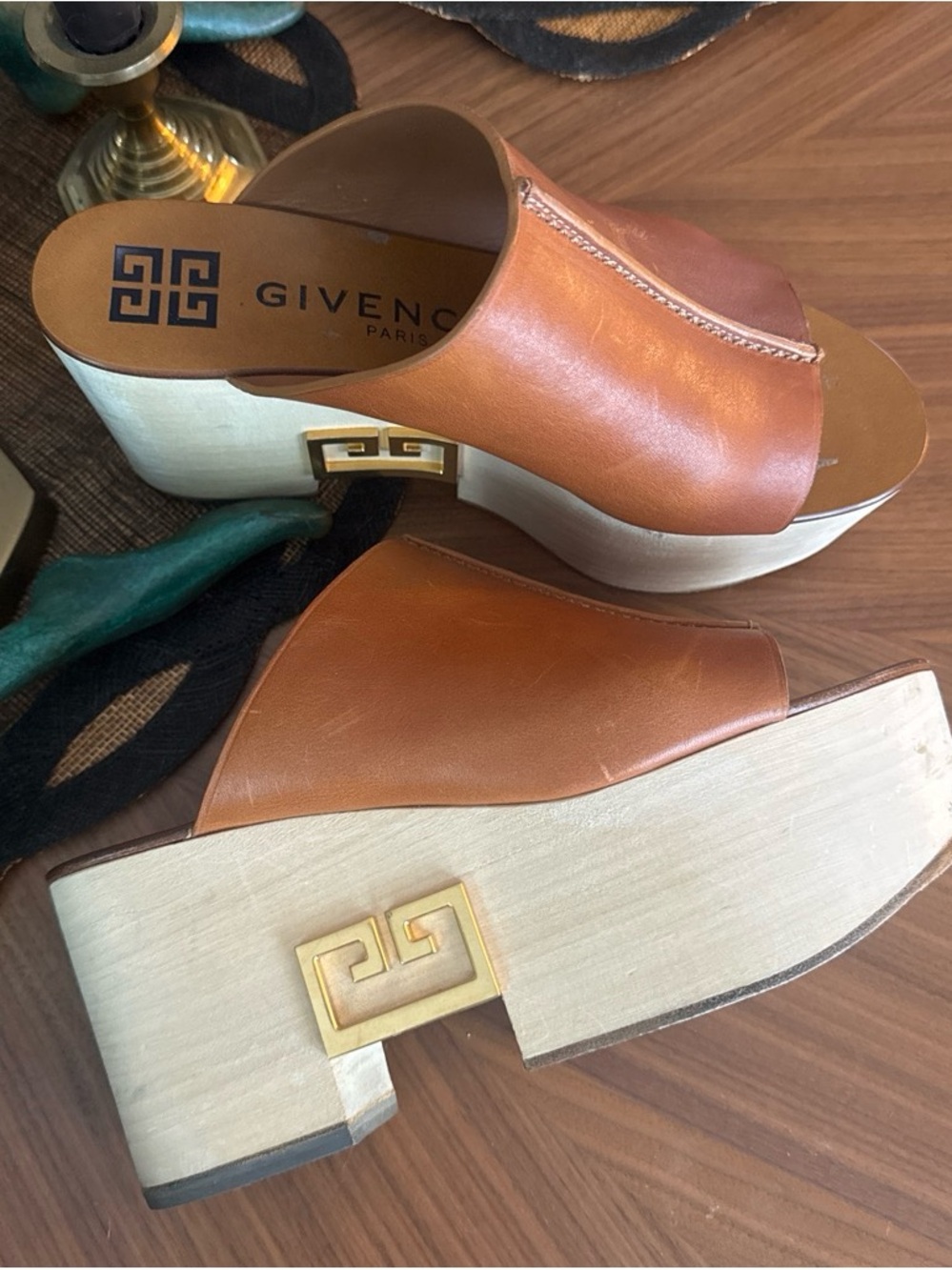 Givenchy Tan Brown Leather Wedge Mules - Picture 3 of 5